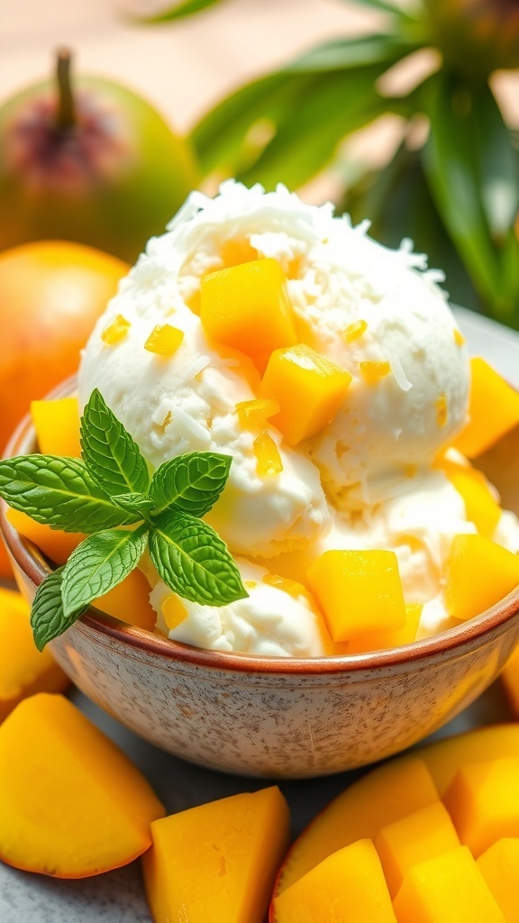 A bowl of mango coconut ice cream garnished with mango slices and coconut, set outdoors.